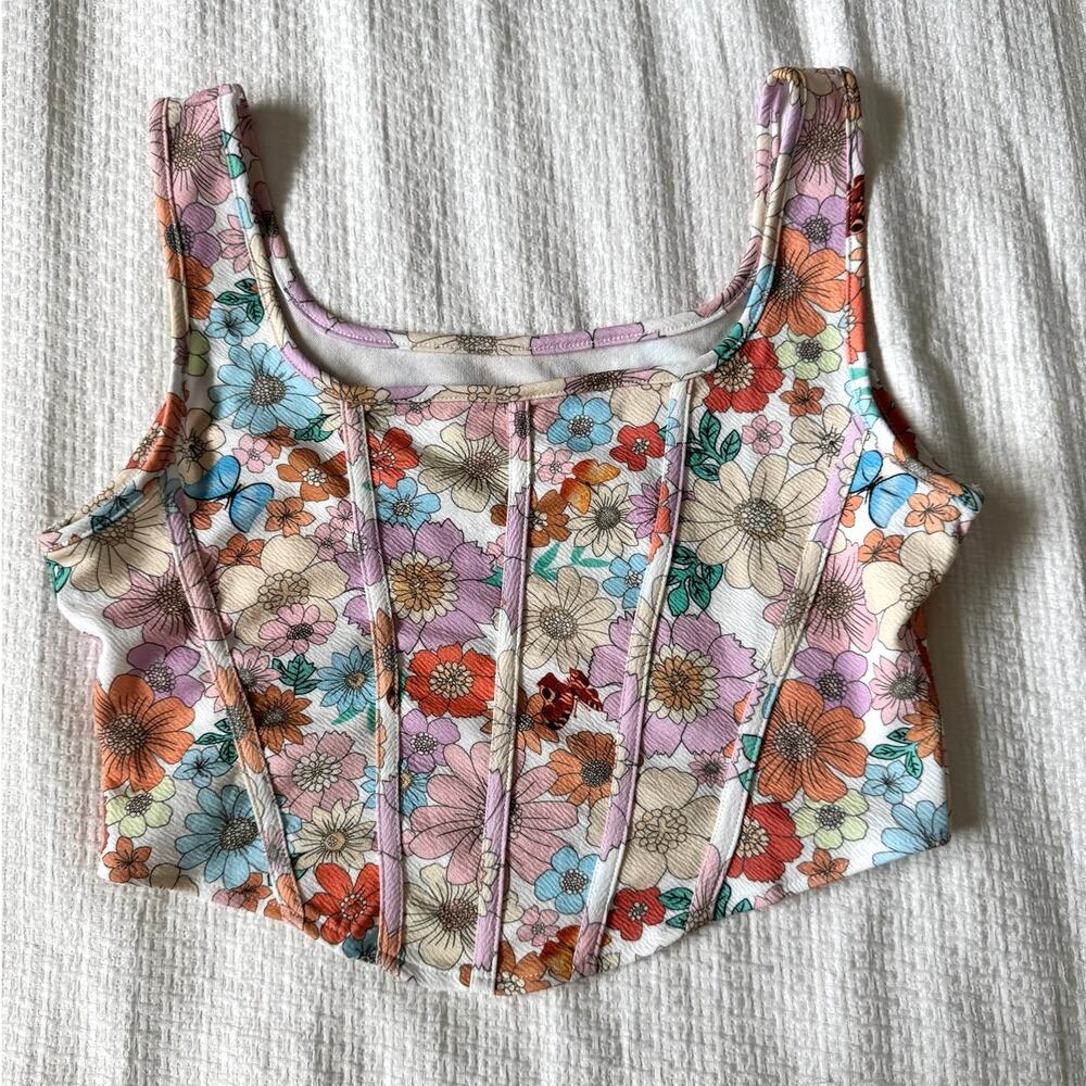 Floral & Butterfly Print Corset Tank Top Curved Hem Boning Stitching Size Lg